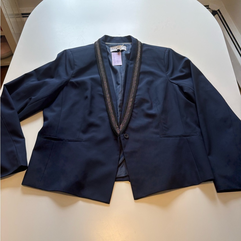 Navy Open Front Blazer with Unique Trim